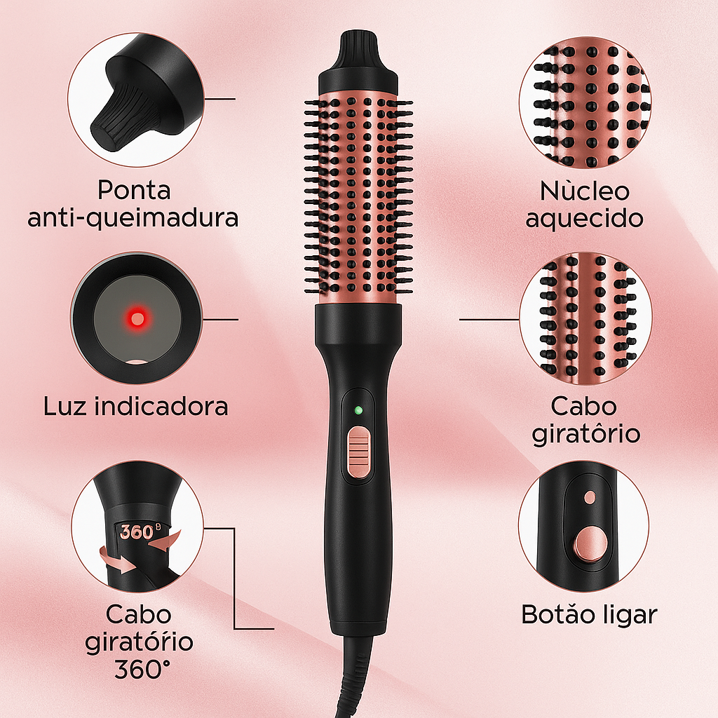 Escova profissional 3 em 1 para alisar e encaracolar