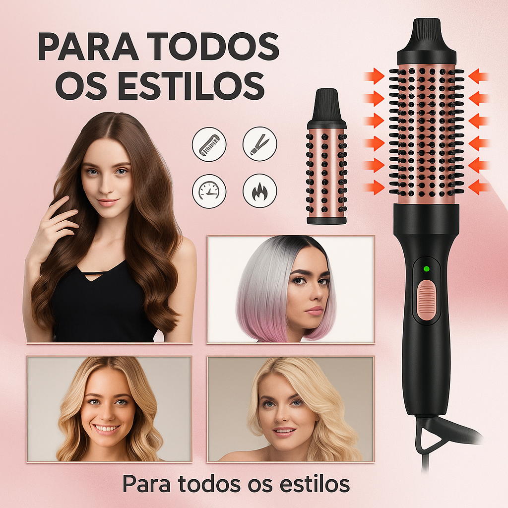 Escova profissional 3 em 1 para alisar e encaracolar